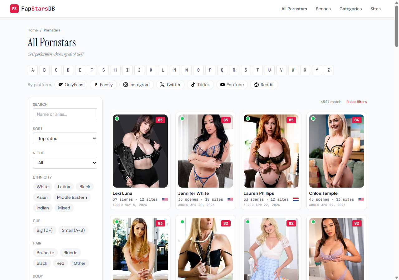 New FapStarsDB filter sidebar on the left with pill controls, performer grid on the right
