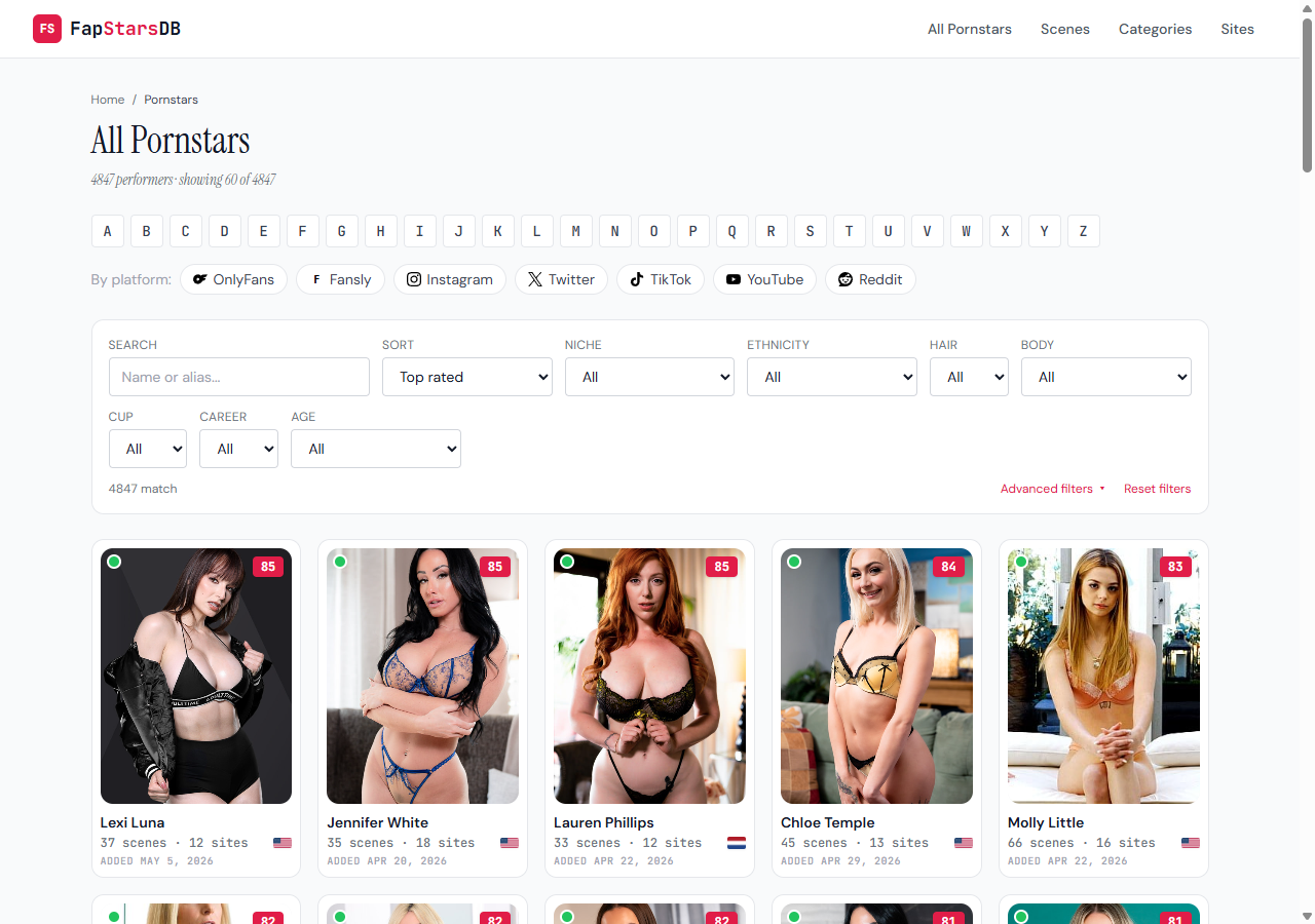 Old FapStarsDB filter: a single horizontal row of dropdowns above the performer grid