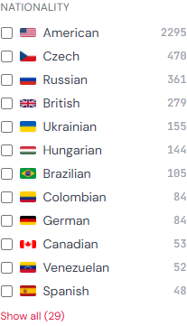 Nationality filter as a checkbox group with flags, demonyms and performer counts, multi-select