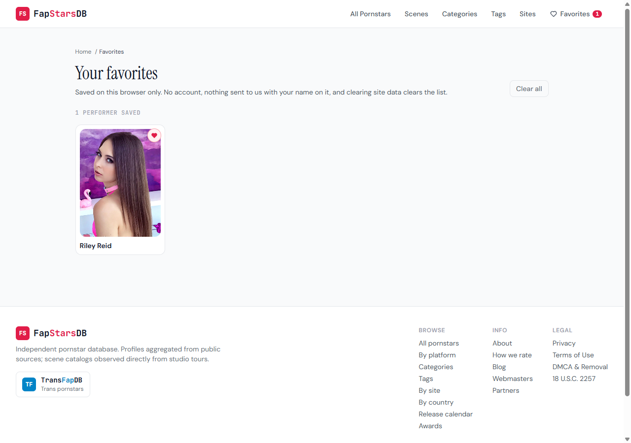The Your favorites page with one saved performer, a note that the list is kept in this browser only, and a Clear all button