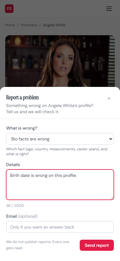 The Report a problem form on a phone: a What is wrong dropdown set to Bio facts are wrong, a details box and an optional email field