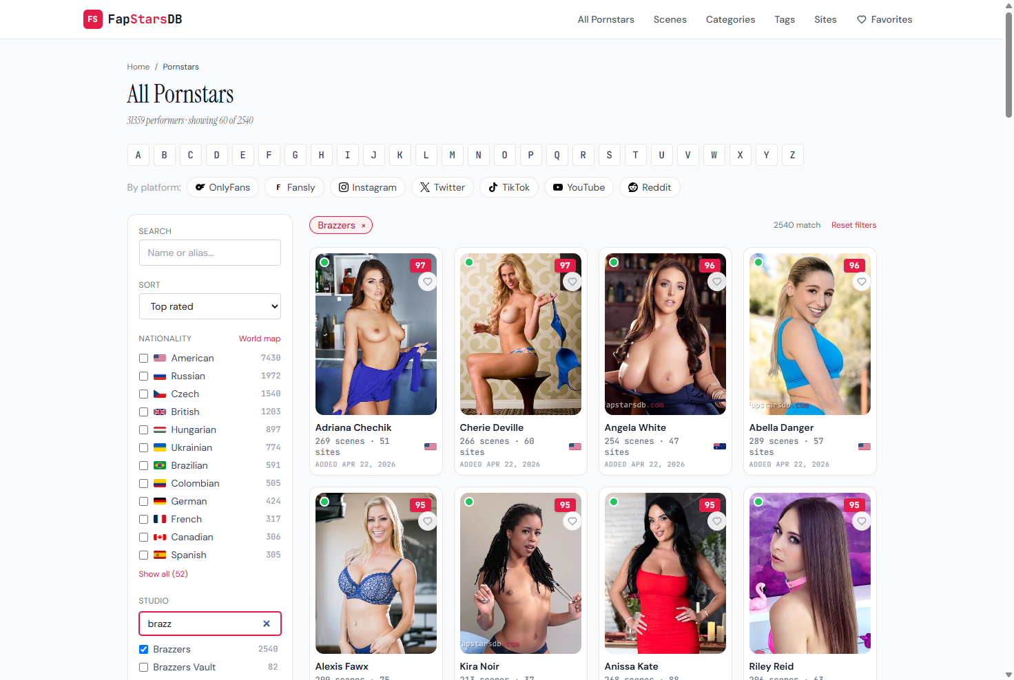The FapStarsDB performer catalog with brazz typed into the Studio search, Brazzers ticked, a Brazzers chip above the grid and 2,540 matches