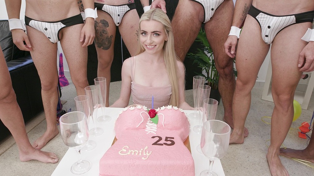 birthday party, 7on1, emily belle, atm, balls deep, dap, rough sex, big gapes, facial, swallow