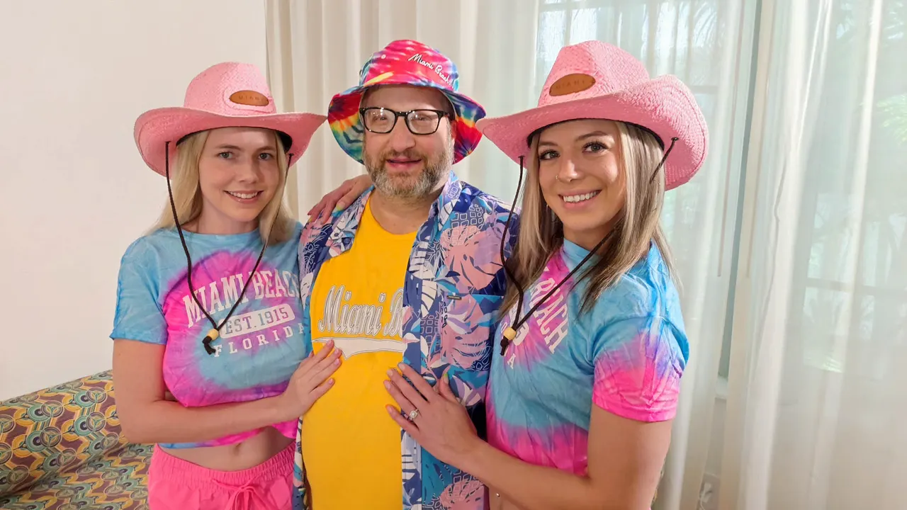 Chubby Teddy from Chicago Wins a Double Blowjob from Sexy Blondes Besties