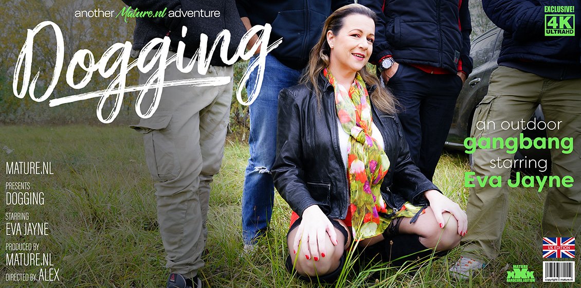 Outdoor mature dogging with Eva Jayne and three men with anal sex
