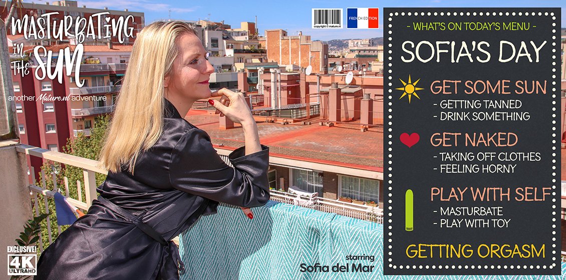 Mature Sofia del Mar is playing with herself on a balcony in the hot sun