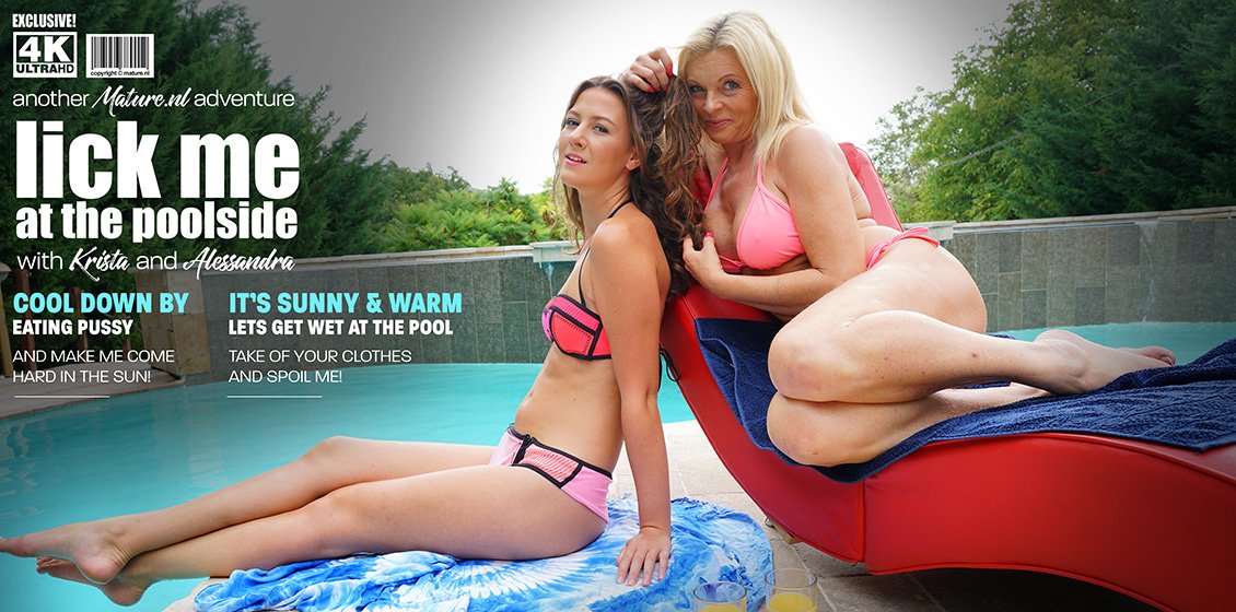 Blond MILF in her late 40s has Lesbian Sex with 19 year old Teen Girl by the pool