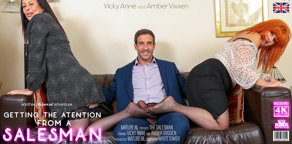 Two horny mature housewives getting it on with a salesman