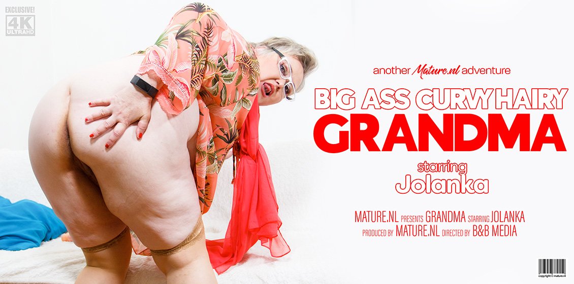 BBW hairy and curvy grandma Jolanka shows off her big ass she gets horny for toys