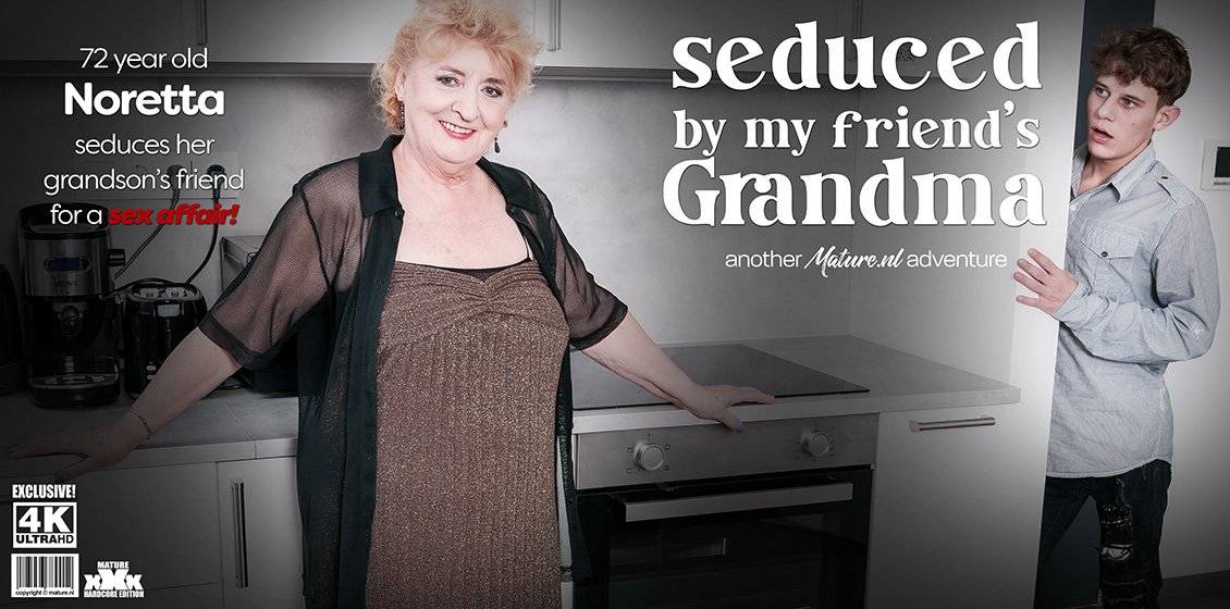 curvy 72 year old granny Noretta seduces her grandson's best friend to fuck her hard on the couch