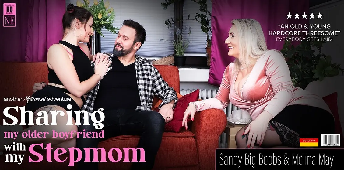 An old and young threesome with MILF Sandy Big Boobs, her stepdaughter Melina May and her boyfriend