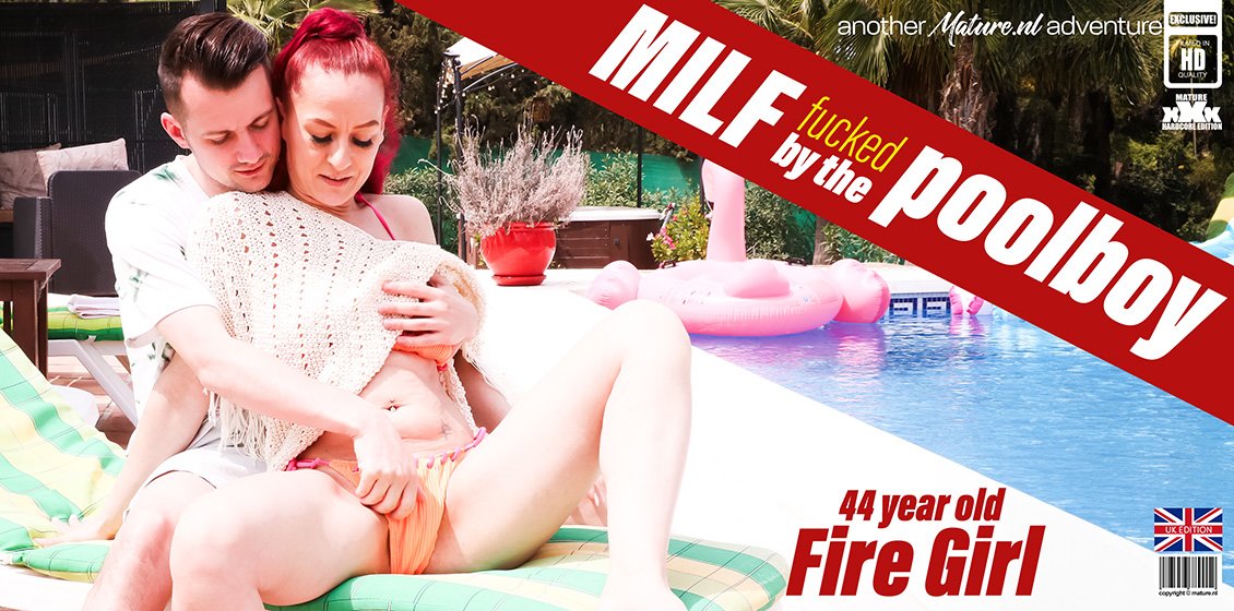 The Poolboy get's seduced by MILF Fire Girl to fuck her right next to the pool under the sun