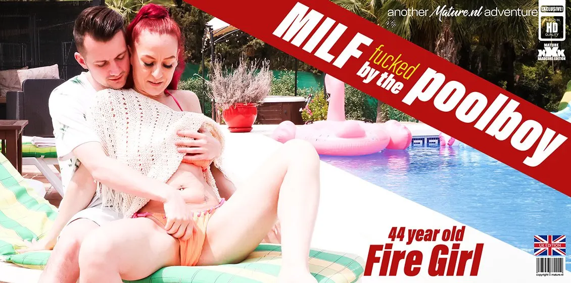 The Poolboy get's seduced by MILF Fire Girl to fuck her right next to the pool under the sun